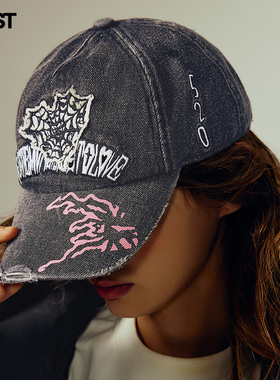 GOST 23AW 水洗做旧破坏手绘蜘蛛网爱心棒球帽情侣男美式复古潮