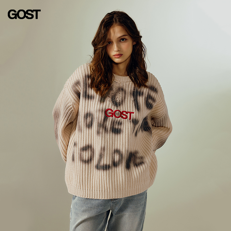 GOST 23AW 重磅slogan喷染提花针织毛衣保暖冬情侣男女美式复古潮