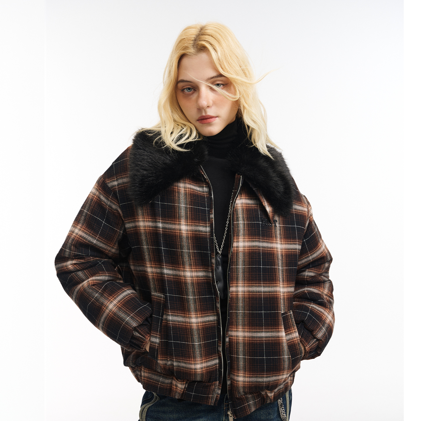 GOST格纹毛领短款棉服