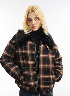 GOST格纹毛领短款棉服复古高级感冬季休闲保暖外套