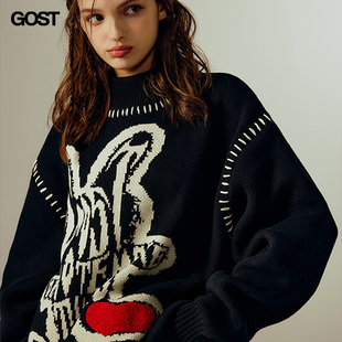 GOST 23AW 重磅兔子slogan撞色提花针织毛衣保暖冬情侣男美式潮