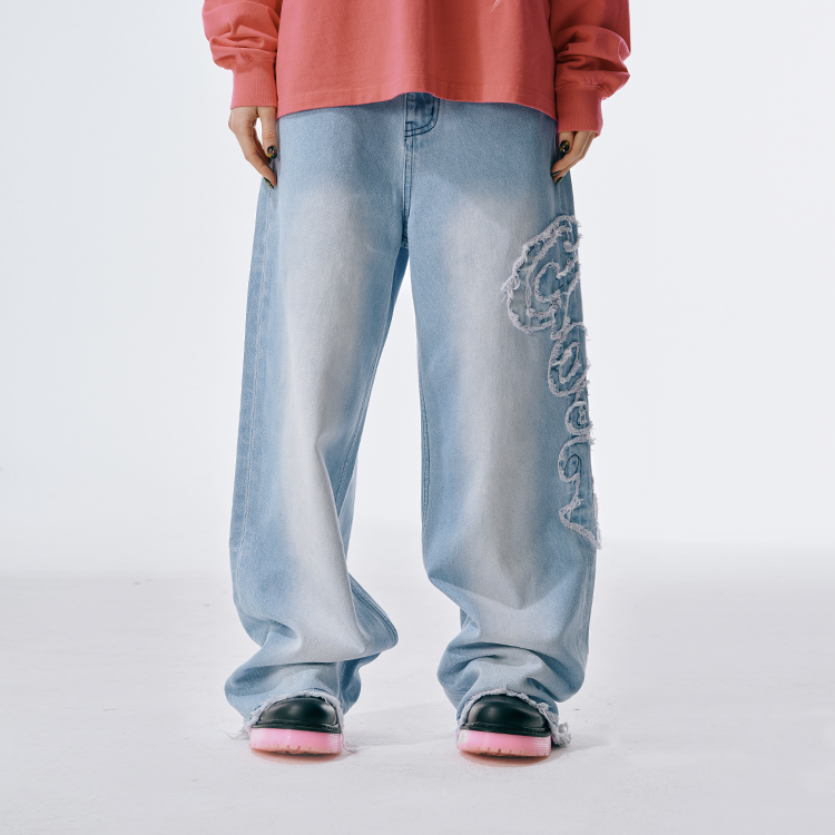 GOST洗白毛边贴布绣牛仔裤趣味慵懒休闲阔腿裤浅色洗水牛仔男女