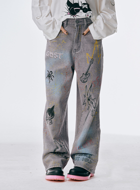 GOST趣味图案涂鸦牛仔裤高街趣味复古百搭宽松休闲直筒长裤男女潮