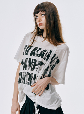 GOST抽绳字母印花T恤辣妹斜肩短袖夏季宽松慵懒风小众露肩上衣