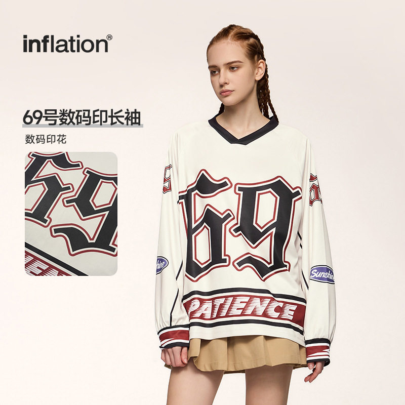 复古球衣印花长袖T恤2024秋冬新款潮牌套头美式运动棒球上衣男女