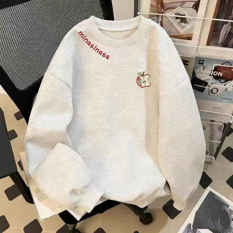 日系简约格子苹果印花卫衣男女秋冬落肩宽松版潮牌字母百搭套头衫