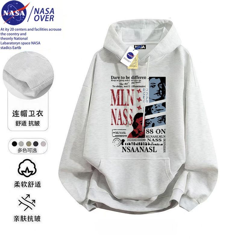 NASA联名高街复古人像港式小众连帽卫衣秋冬季套头衫男女款青少年