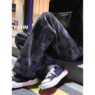 奥特莱斯高级感高街牛仔裤男阔腿裤春秋季青少年直筒美式休闲裤子