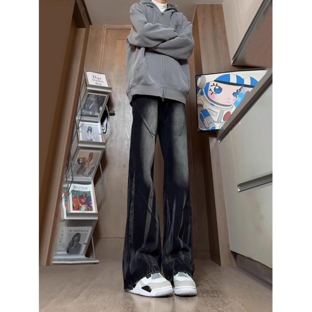 NYLPA美式复古扎染牛仔裤男款春秋青少年酷帅裤子高街显瘦微喇休