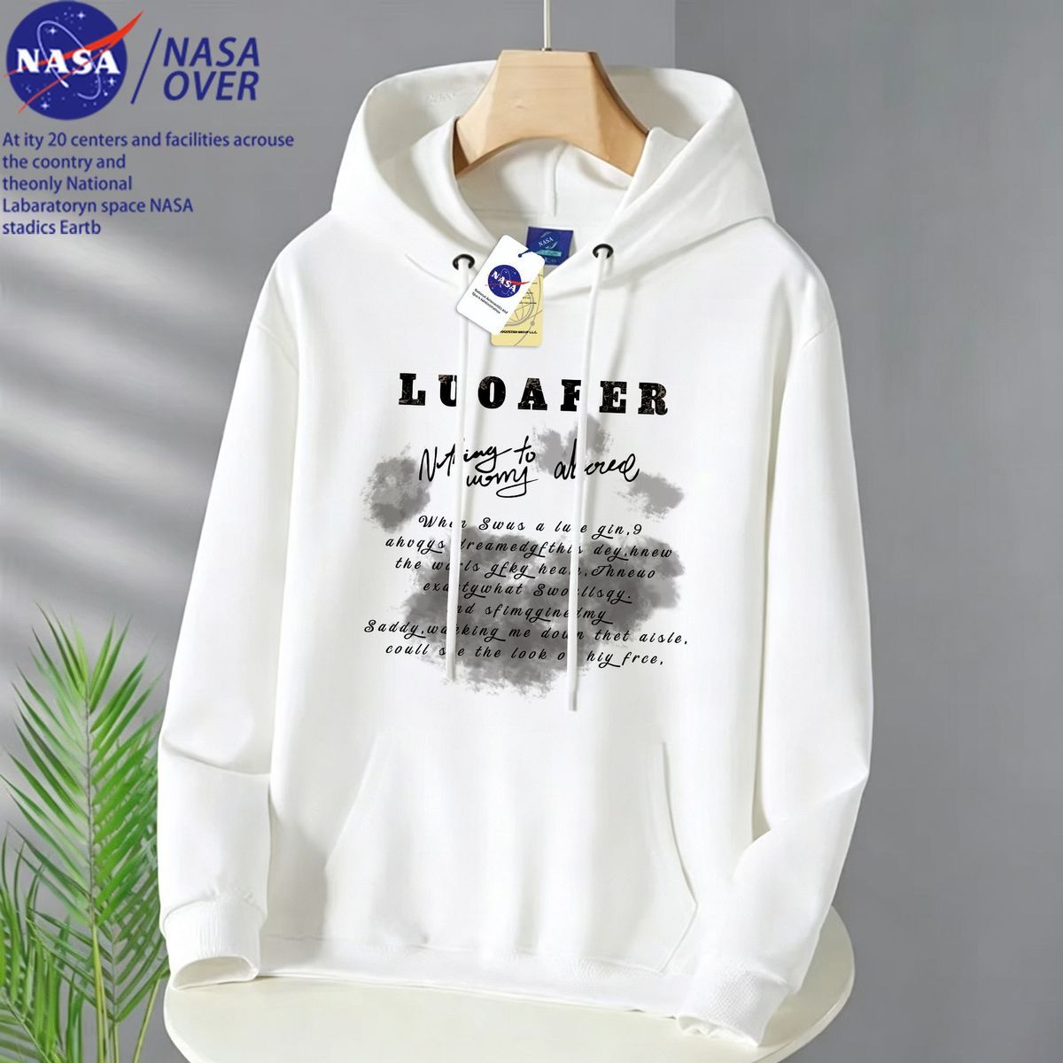NASA复古文艺晕染英文标语连帽卫衣男女美式休闲宽松落肩上衣秋冬