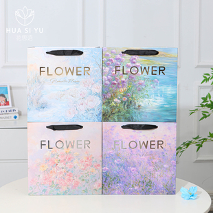 烫金莫奈花园手提袋油画ins鲜花花束包装 礼品礼盒袋礼物花艺材料