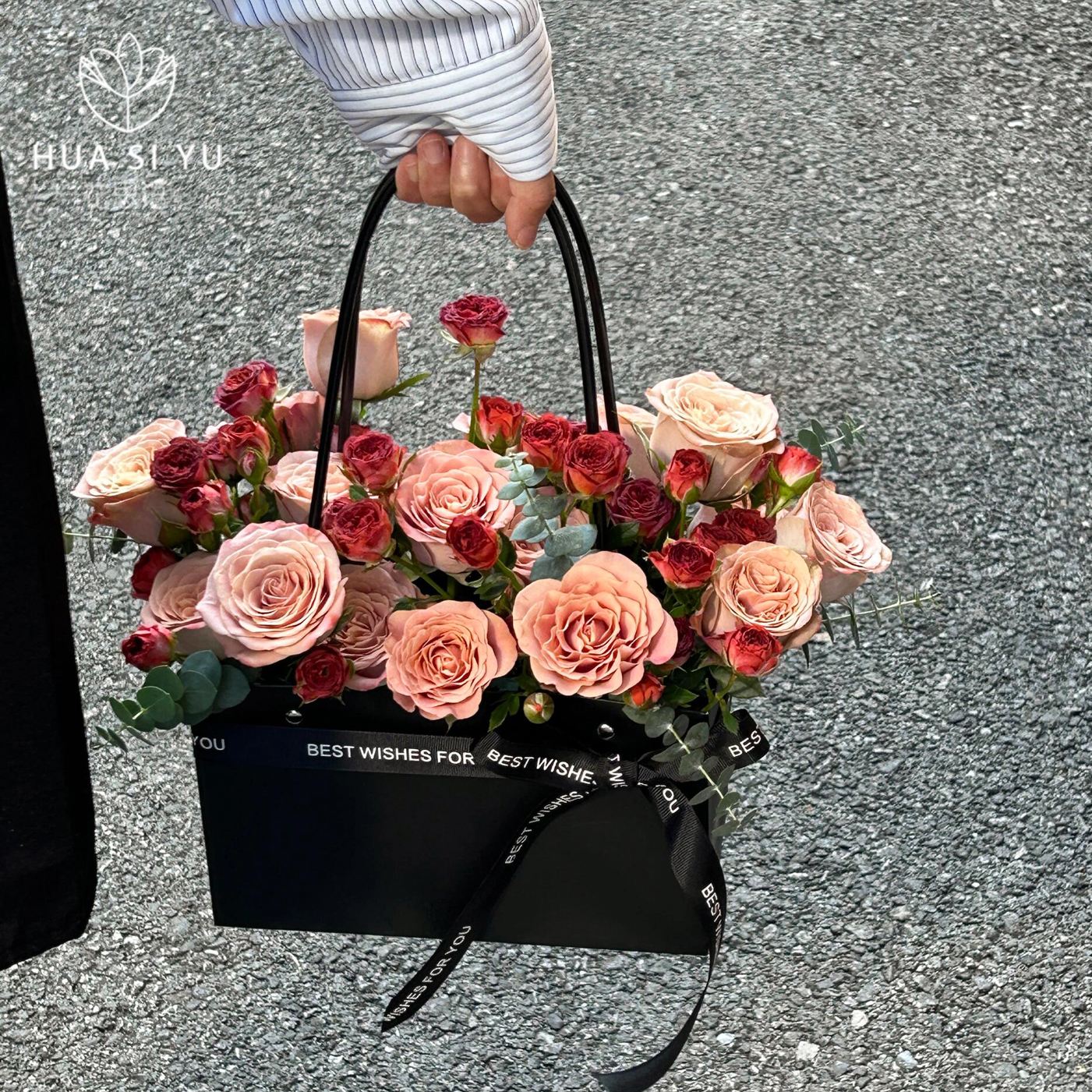 长方形黑色花艺手提袋卡布奇诺玫瑰鲜花花束插花花盒礼盒包装盒