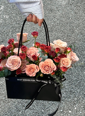 长方形黑色花艺手提袋卡布奇诺玫瑰鲜花花束插花花盒礼盒包装盒