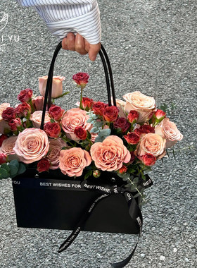 网红长方形黑色花艺手提袋花盒