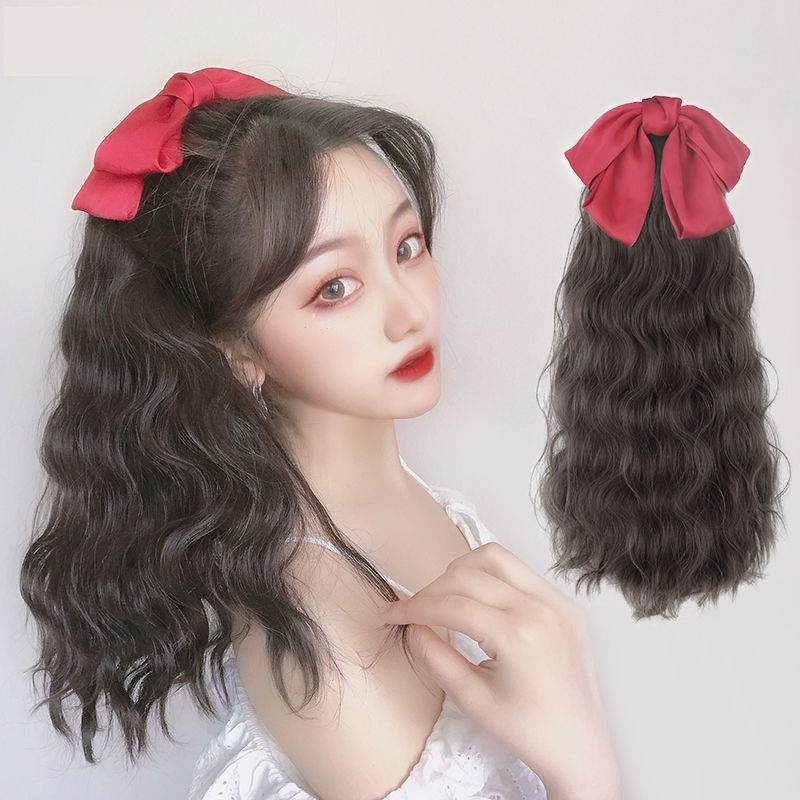 蝴蝶结马尾假发女中长发假发女大波浪绑带式水波纹卷发蓬松长卷发
