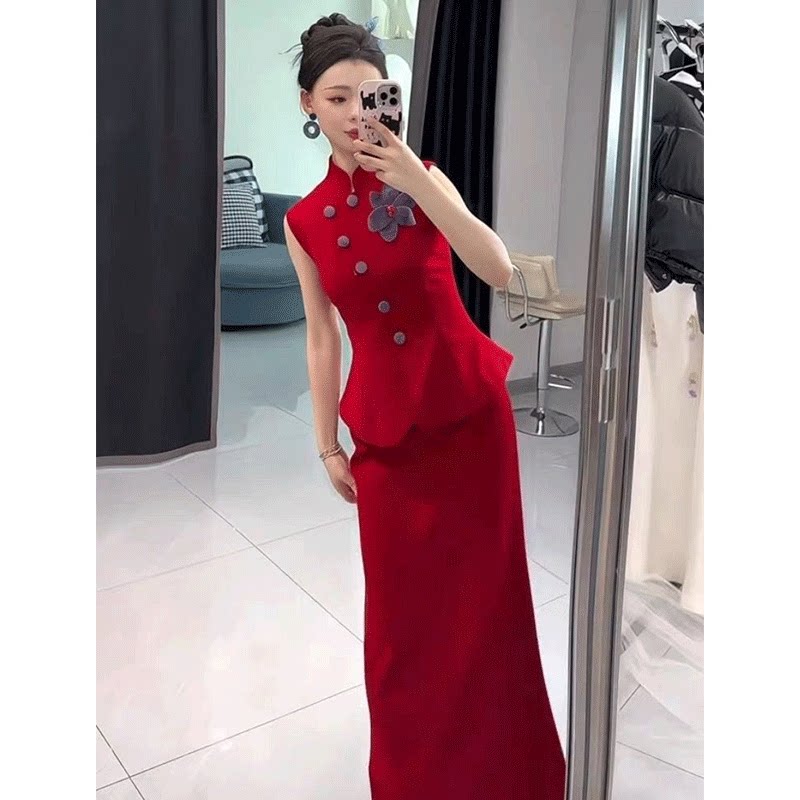 新中式女装红色西装清冷松弛感穿搭套装夏季无袖旗袍上衣直筒半裙