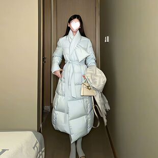 韩版蓝色显白气质围脖小众冬季设计感高级长款棉服外套女