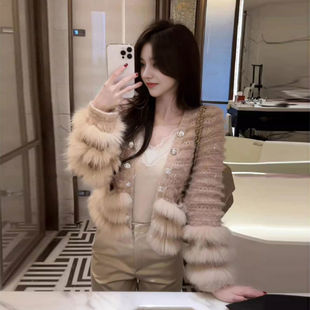 财阀千金风毛袖毛衣外套女秋冬季小香风名媛仿皮草针织开衫上衣