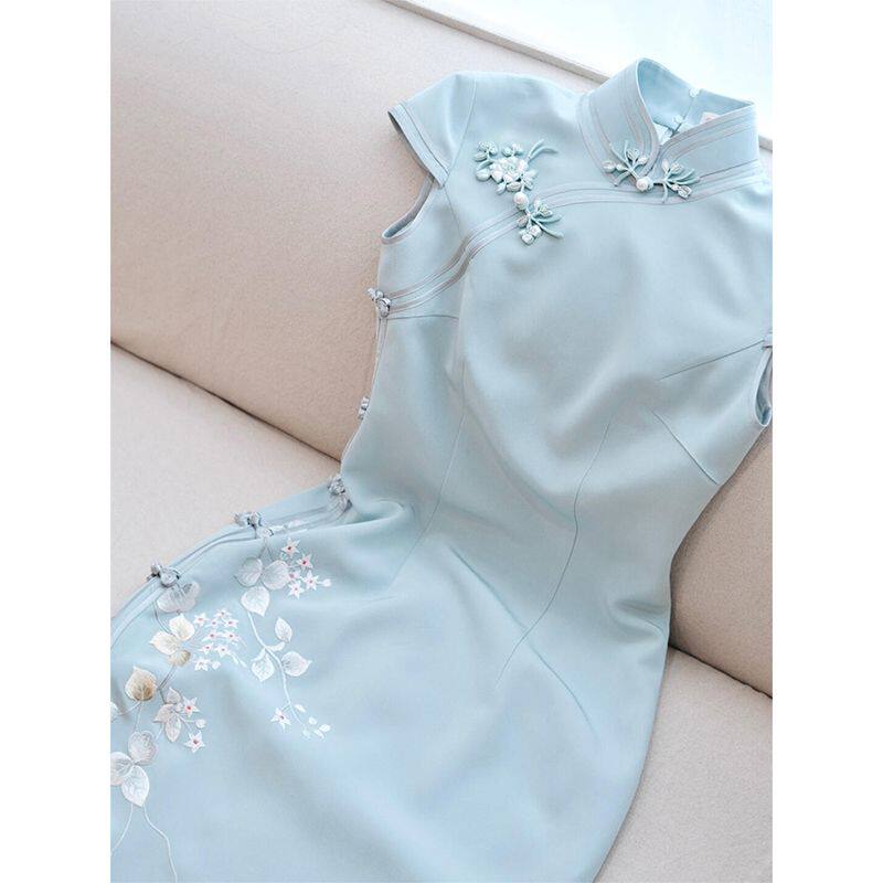 初夏新中式禅意穿搭大方得体的蓝色旗袍连衣裙子女装夏季2025新款