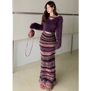 紫色毛衣深秋初冬套装条纹连衣裙女包臀裙修身裙子针织裙显瘦长裙