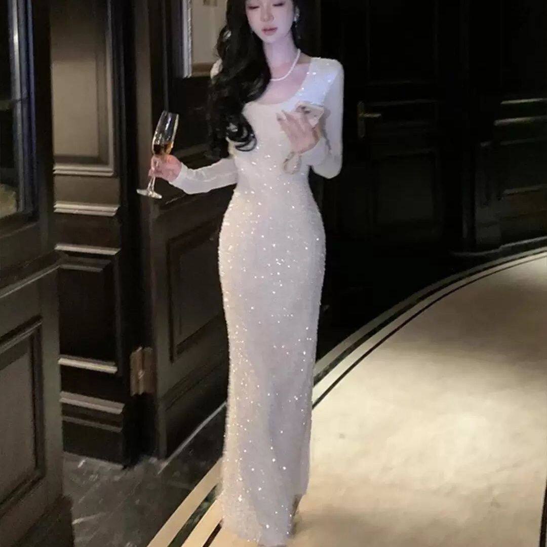 加绒加厚法式礼服气质长裙性感2026秋冬新款白色亮片连衣裙鱼尾裙