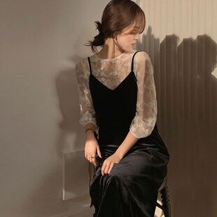 2025春新款 连衣裙女中长款春夏黑色金丝绒吊带裙+蕾丝上衣两件套