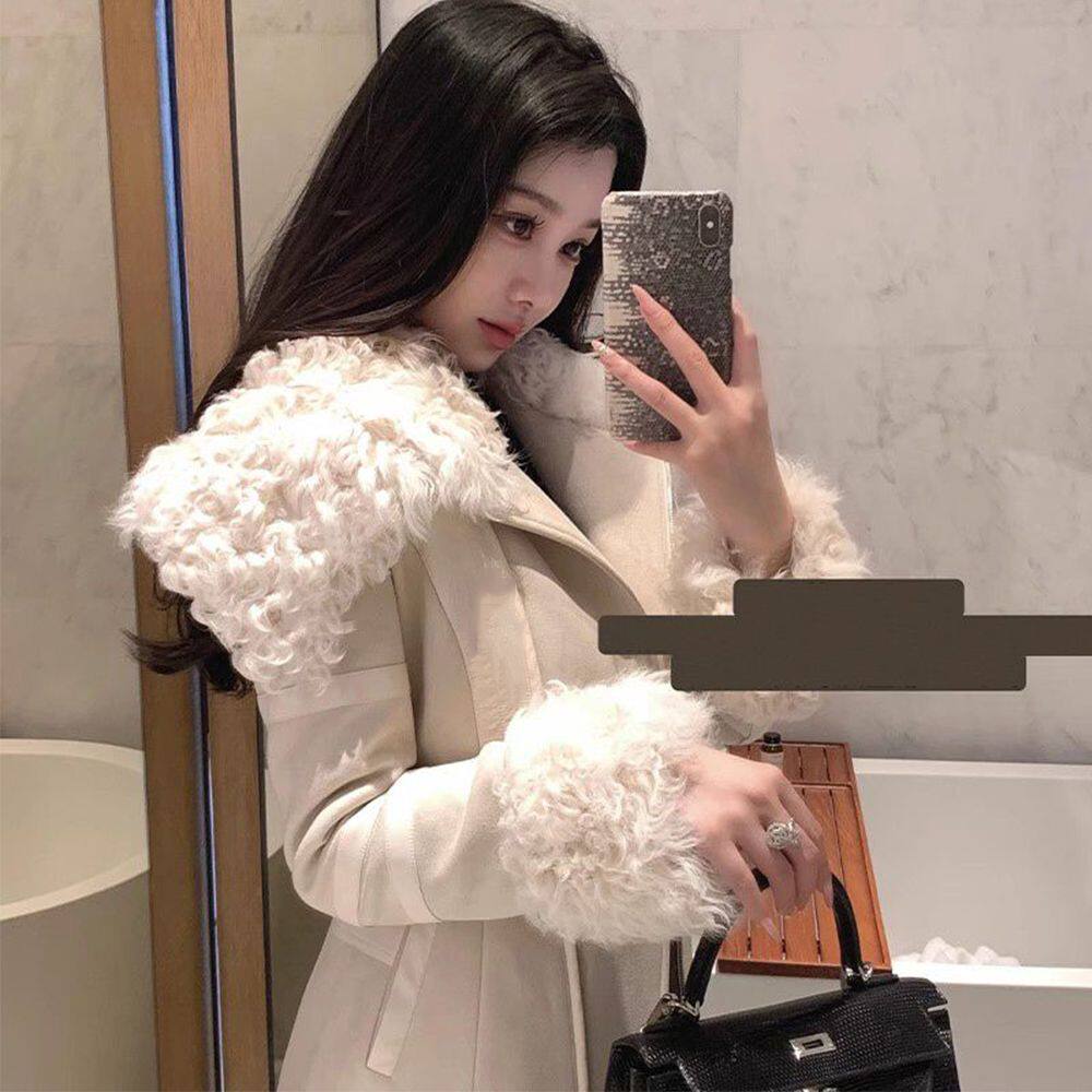 2024年白色皮毛一外套女冬季保暖收腰立领夹克修身仿皮草外套女