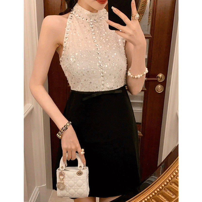 轻奢名媛小香风挂脖连衣裙女夏季撞色重工高级感生日小礼服裙子