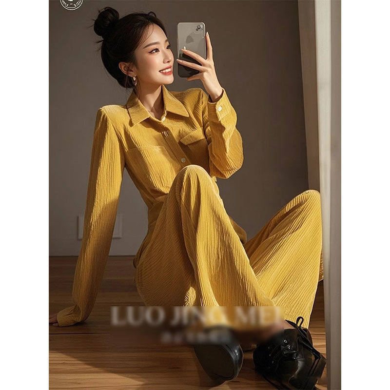2025超火小香风一整套ootd穿搭名媛气质chic韩系黄色灯芯绒套装裤