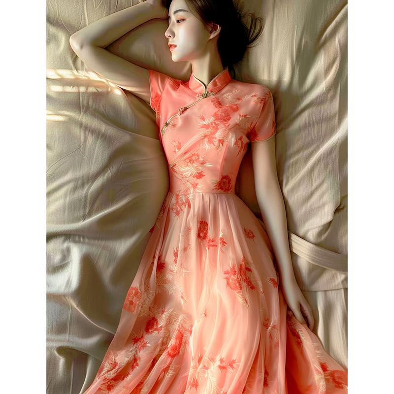新中式橘色印花改良旗袍连衣裙2024新款女夏高端精致国风气质裙子