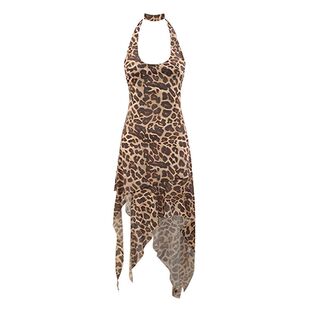 野性豹纹不规则裙摆连衣裙挂脖露背设计感吊带裙