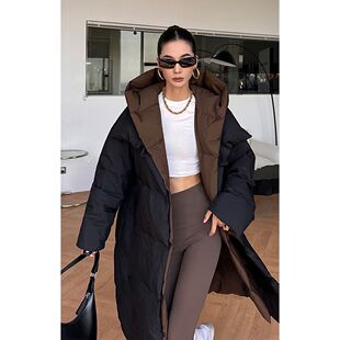 黑色拼接色羽绒棉服女2024冬季中长款连帽小众百搭高级感保暖外套