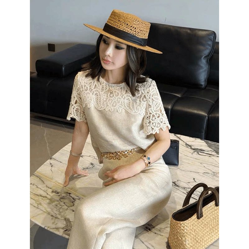 超火夏装一整套轻奢高级感大方得体贵气感千金小香风蕾丝拼接套装
