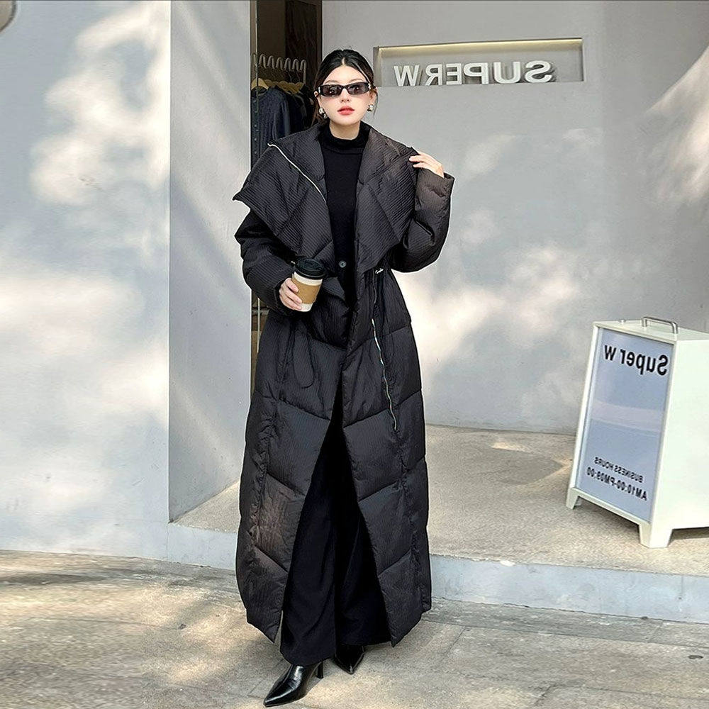 气质时髦立领抽绳2024收腰羽绒冬季棉服新款时尚长款外套