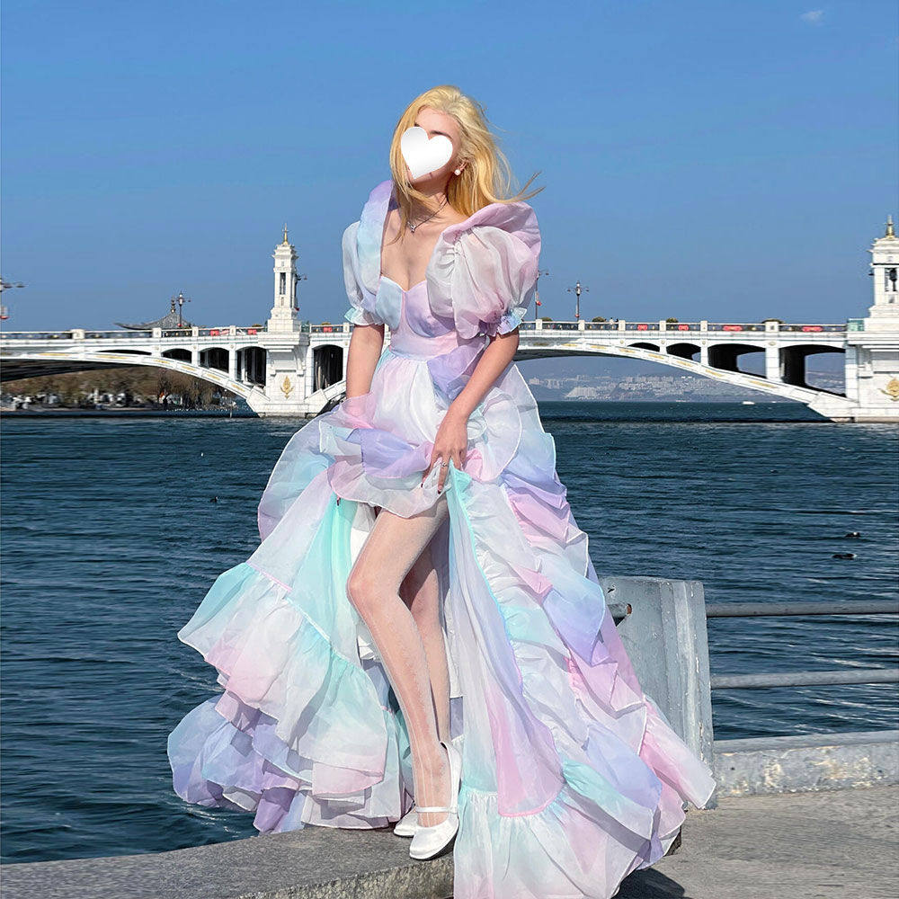 大拖尾连衣裙女夏季新款法式彩虹色穿搭生日礼服蓬蓬裙
