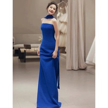 新中式晨袍女新娘蓝色小众宴会气质结婚订婚礼服高级感鱼尾敬酒服
