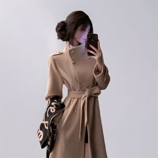 冬季时尚仿皮草大衣双排扣中长款奶茶色呢子收腰系带外套