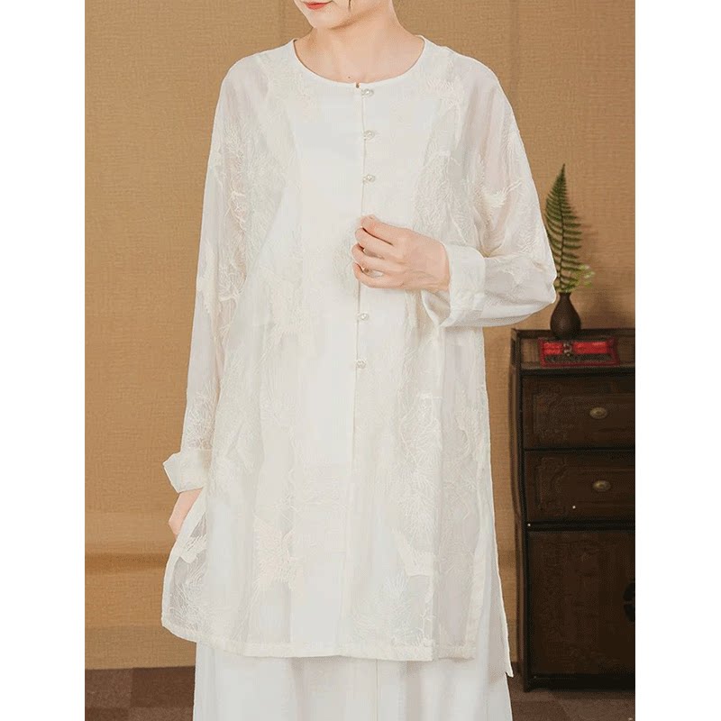 高端蕾丝复古衬衫上衣女夏季2025新款宽松薄款长款防晒衫时尚上衣