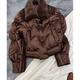 小个子羽丝绒棉外套高端欧货洋气小众美式复古棉衣小香风咖色棉服