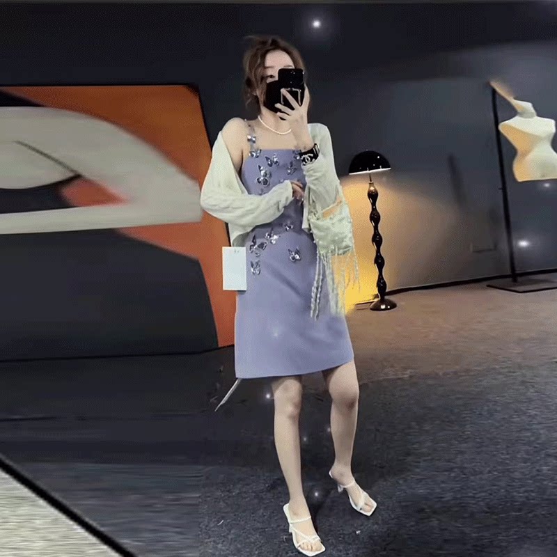法式紫色吊带连衣裙女202