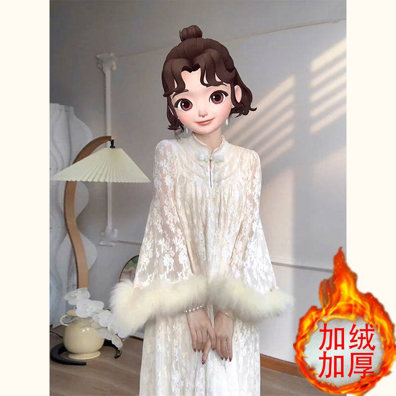 加绒加厚新中式女装国风长裙配大衣内搭超好看白色蕾丝连衣裙子女