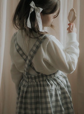 Let's Chill女童灰白格花边背带裙 纯棉格子裙英伦时尚欧美风