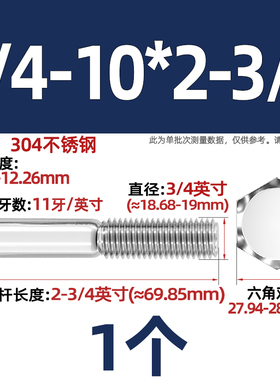 304不锈钢UNC美制英制外六角螺丝钉外六角1/4 5/16 3/8 7/16 1/2