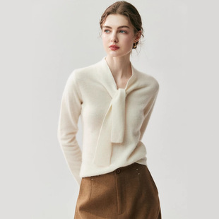 飘带领baby小山羊绒女V领宽松针织打底衫气质显瘦减龄毛衣潮