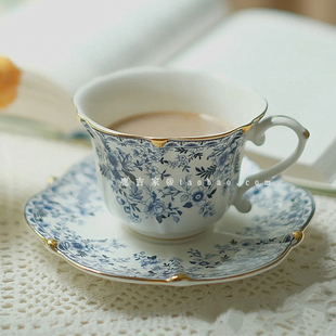 优雅宫廷风青花金边咖啡杯碟精致高级vintage热拿铁拉花杯陶瓷杯