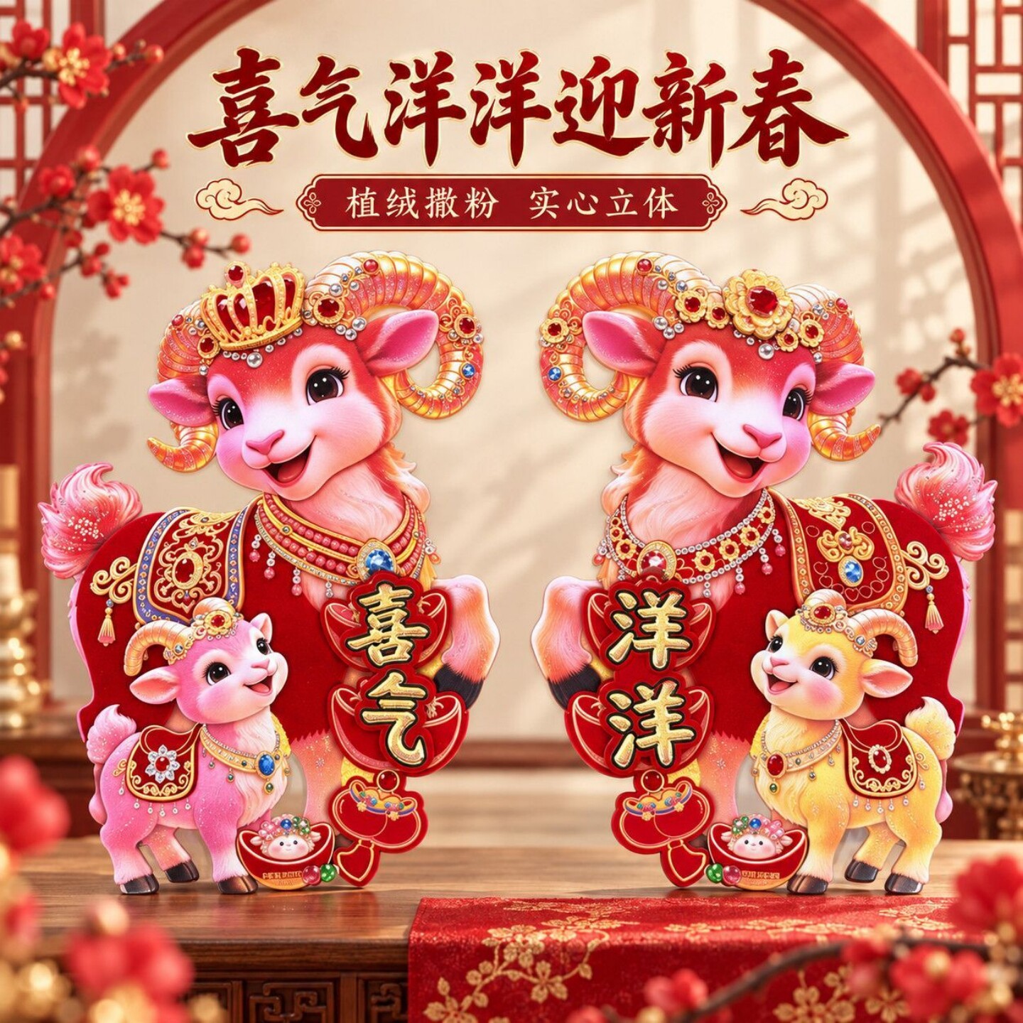 2027羊年新款生肖对贴精品植绒门贴卡通纸新年立体玻璃窗花装饰