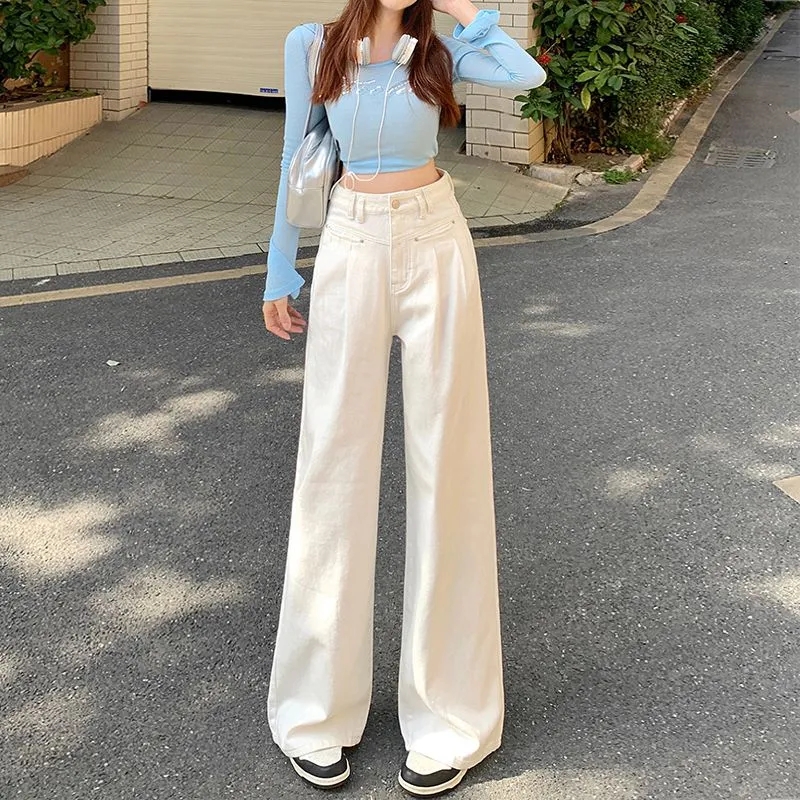 高腰米白色直筒牛仔裤女2025春秋褶皱设计感垂感宽松显瘦阔腿裤子