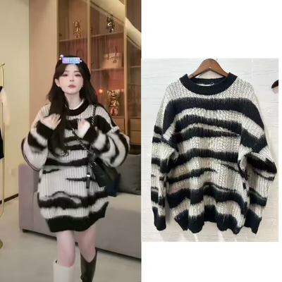 质感高级感慵懒风条纹毛衣女早秋新款宽松圆领长袖针织衫外套上衣