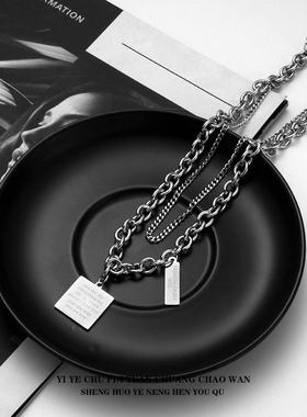 一页出品！欧美夸张双层英文铭牌链条项链小众嘻哈金属短款锁骨链