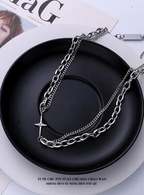 一页出品！钛钢小众方块四角星双层拼接项链女嘻哈冷淡风酷潮配饰